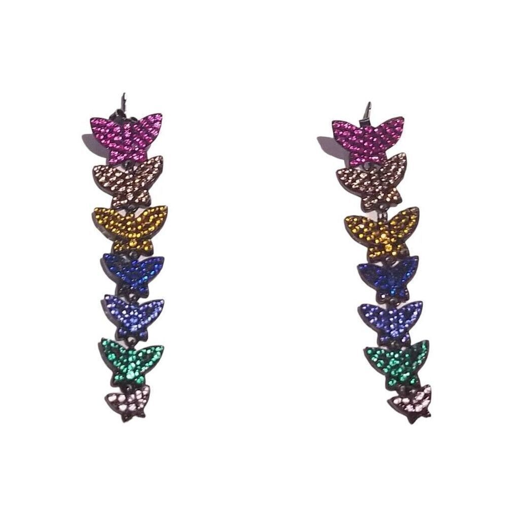 Sparkly Colorful Rhinestone Rainbow Pavé Crystals Dangling Butterfly Earrings